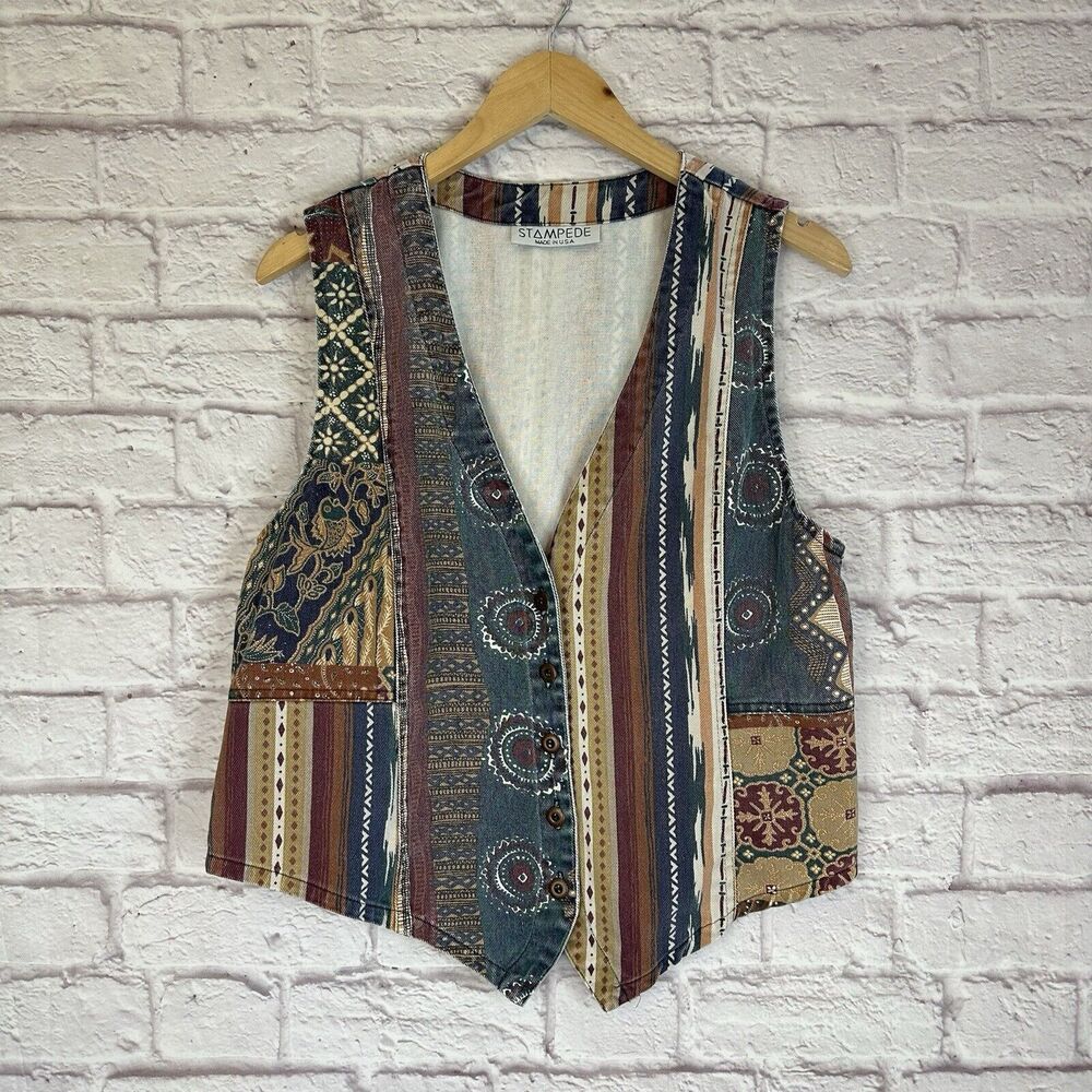 Stampede Women’s Medium Denim Vest Vintage Western Aztec Patchwork Rodeo